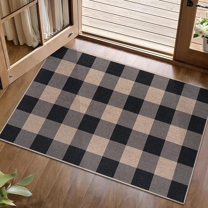 Tangsoo Checkered Easy Jute Rug, 2x3 Washable Ultra Thin Rug for Entryway Non-Slip Black Grey Outdoor Rug,Modern Front Door Mat Carpet for Kitchen Bedroom Porch Doorway