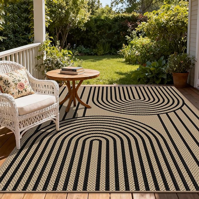 Outdoor Rug 5x7 Rugs for Living Room Washable Non-Slip Easy Jute Rug Indoor Outdoor Low Pile Ultra-Thin Area Rug Black Rainbow Carpet for Dining Room Bedroom Patio Office Dorm Nursery Floor Mats