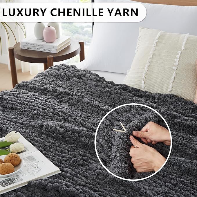 L'AGRATY Chunky Knit Blanket Throw: 80''x90'' Chenille Chunky Knitted Throw Blanket for Bed Couch - Handmade Thick Big Cable Knit Blanket - Large Chunky Crochet Blanket for Home Decor(Dark Grey)