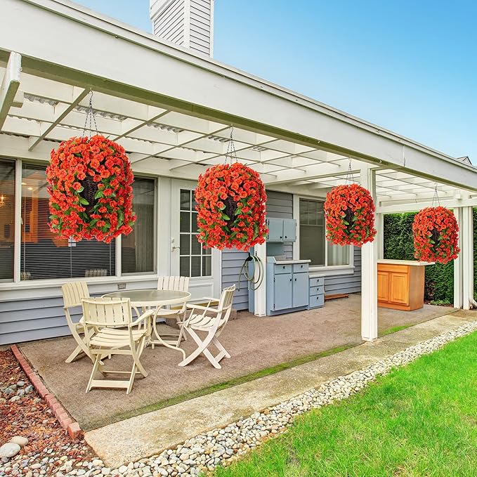 HyeFlora Artificial Fake Hanging Flowers Plants Baskets for Outdoor Decoration, Faux Silk Orange Morning Glory in Planter UV Resistant Look Real for Home Porch Patio Balcony Yard Decor