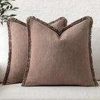MIULEE Decorative Throw Pillow Covers Neutral Linen Fringe Throw Pillows Set of 2 Dark Coffee Boho Farmhouse Cushion Covers with Tassels for Couch Sofa Bed Living Room Spring Home Decor 18x18 Inch