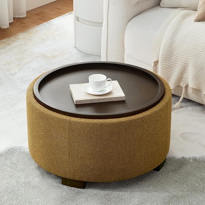 30 Inch Round Storage Ottoman, Ottoman Coffee Table with Lift Off Lid, Boucle Modern Ottomans with Storage for Living Room, Bedroom, Apartments (Yellow)