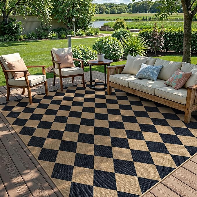 Lanffia Checkered Easy Jute Washable Rugs 8x10, Black Living Room Rug for Dining Room Diamond Indoor Outdoor Carpet, Large Non Slip Low Pile Farmhouse Checkerboard Rug for Classroom Patio