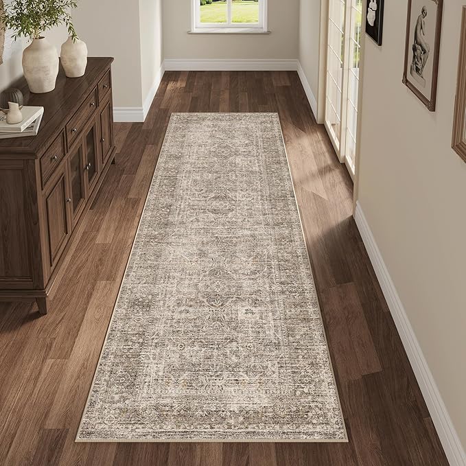 Fmfunctex 2x8 Runner Rug Taupe Washable Vintage Neutral Distressed Non Slip Low Pile Indoor Carpet Soft Retro Floral Hallway Entryway Rug for Kitchen Living Room Bedroom Bathroom Laundry Entry Bedside