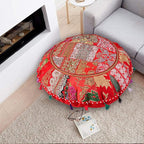 Rajasthani Handmade Colorful Decorative Floor Pillow Cover Meditation Patchwork Patchwork Cushion Seating Accent Boho Chic Indian Handmade Cover ONLY (Red, 32X32 Inches)