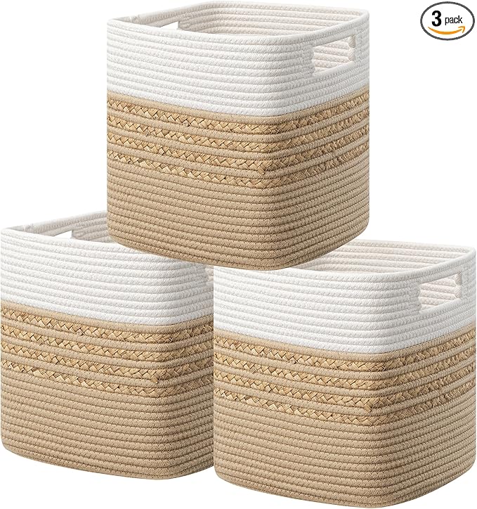 UBBCARE Set of 3 Storage Cubes 13 X 13 X 13 in, Water Hyacinth Storage Bins for Shelves, Toys, Book, Storage Baskets with Handles, Cotton Rope Woven Baskets for Organizing, Brown