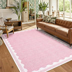 GarveeHome Washable Rugs 5x7 Area Rug for Living Room, Scalloped 5 x 7 Rug Solid Pink Modern Minimalism Low-Pile Carpet for Bedroom Dining Nursery Non Slip Mat with Rubber Back