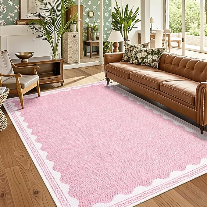 GarveeHome Washable Rugs 5x7 Area Rug for Living Room, Scalloped 5 x 7 Rug Solid Pink Modern Minimalism Low-Pile Carpet for Bedroom Dining Nursery Non Slip Mat with Rubber Back
