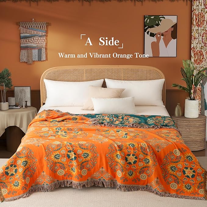 Boho Throw Blanket Throw Size, Soft Cozy Cotton Muslin Quilt Blanket for Bed Decor, Bird Patterned Couch Sofa Chair Cover, Vintage Farmhouse Cottage Tapestry Woven Blanket, Orange&Green