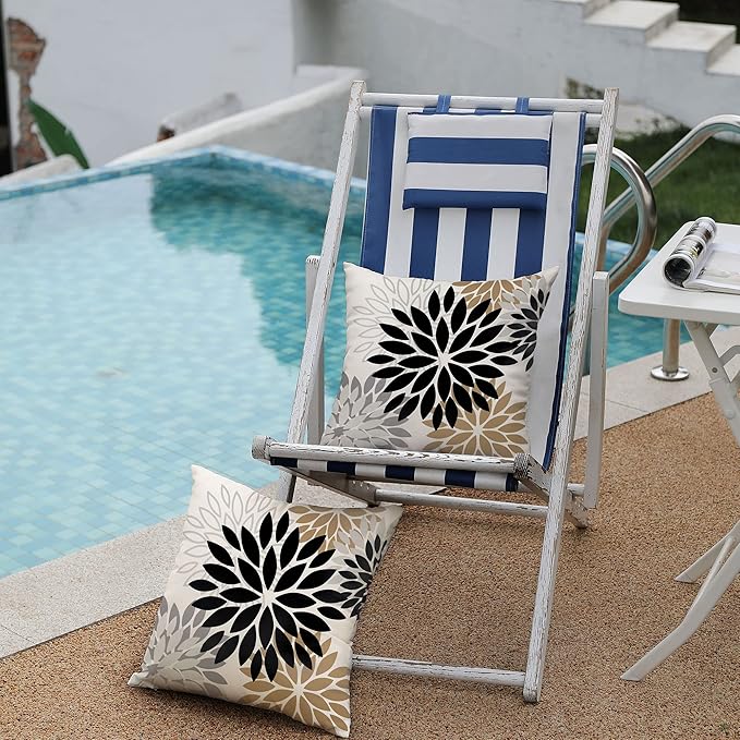 DFXSZ Black Brown Outdoor Pillow Covers 20x20 Inch Set of 2 White Gray Flower Throw Pillows Farmhouse Outdoor Modern Floral Polyester Square Cushion Case Decor for Patio Funiture Garden 002B20