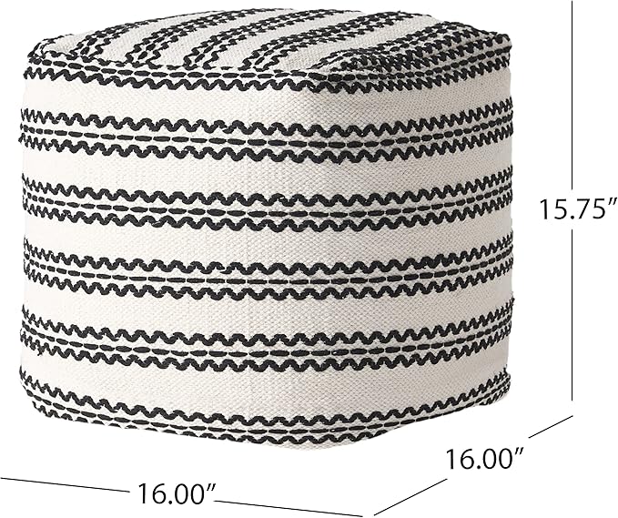 GDFStudio Boho Handmade Fabric Cube Pouf Ottoman Foot Stool - Bean Bag Floor Chair - Foot Rest Couch for Living Room Bedroom,Natural and Black,16" x 16" x 15.75"
