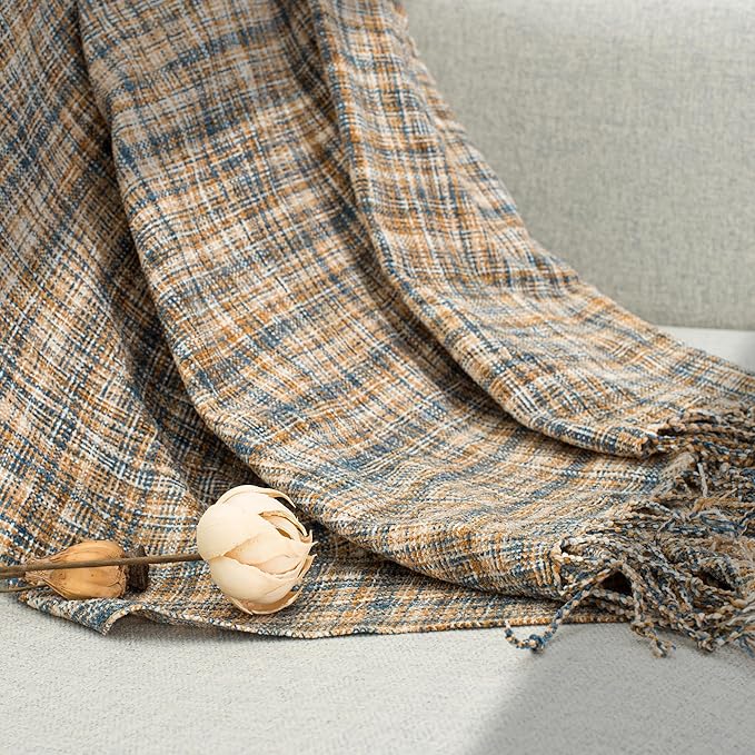 Chenille Throw Blanket for Couch with Tassels,60"X80" Soft Lightweight Knitted Boho Decorative Blankets for Bed and Sofa,Blue and Yellow