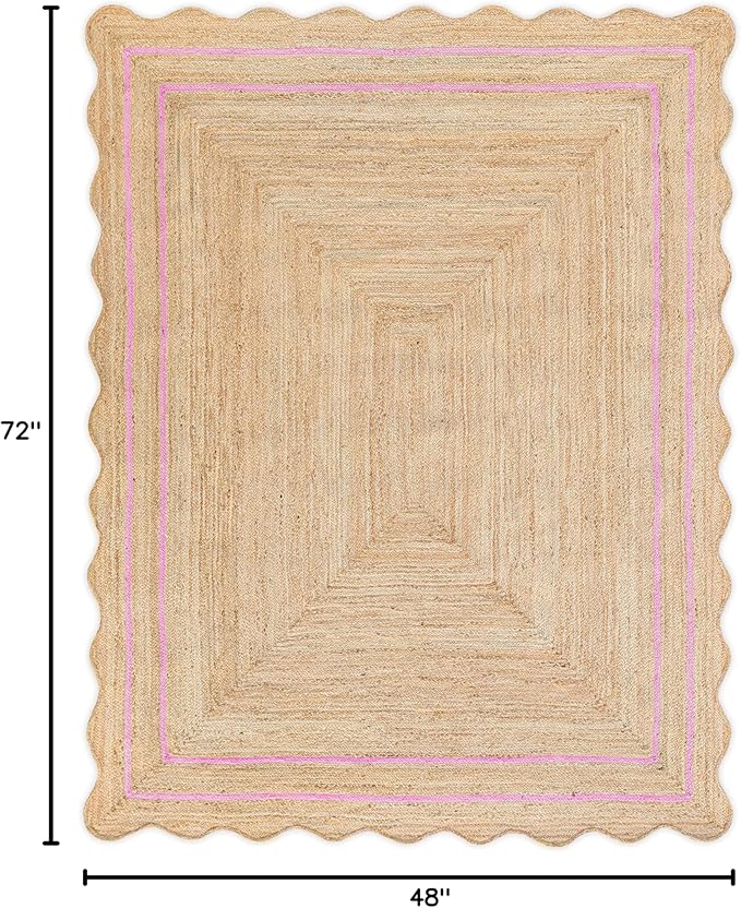 Wave Scalloped Natural Jute Rug - Boho Entryway Runner, Farmhouse Scallop, Light Pink (4'x6')