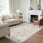 Washable 5x8 Living Room Area Rug: Vintage Water-Resistant Soft Rug for Bedroom Dining Room Non Slip Apartment Low Pile Carpet Thin Floor Mat for Dorm Home Office Printed Beside Rug(5x8，Beige)