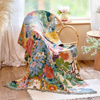 Boho Floral Throw Blanket 60"x80" 100% Cotton Twin Size Bed Blanket with Tassels,Reversible Soft Breathable Lightweight Decorative Flower Blankets for Couch Sofa Farmhouse Decor All Season