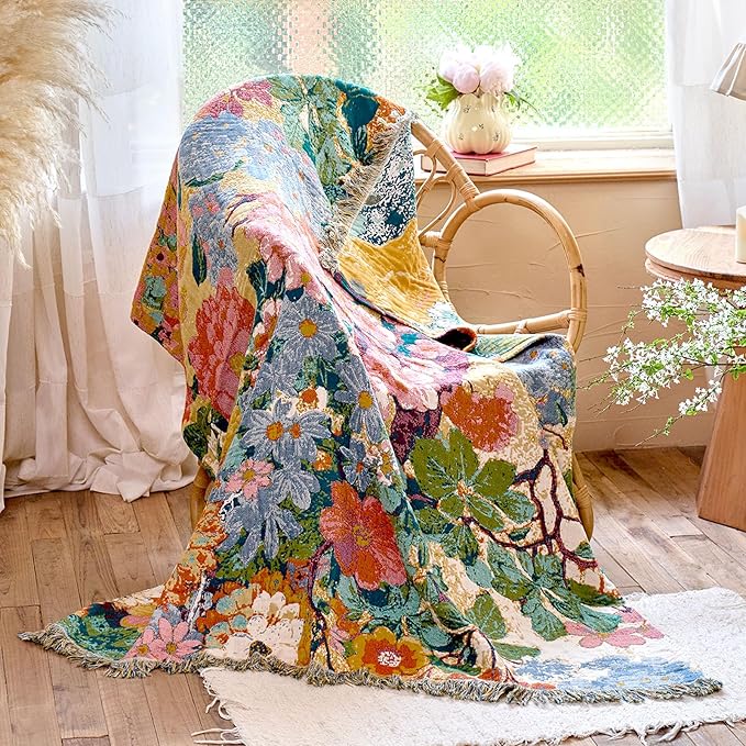 Boho Floral Throw Blanket 60"x80" 100% Cotton Twin Size Bed Blanket with Tassels,Reversible Soft Breathable Lightweight Decorative Flower Blankets for Couch Sofa Farmhouse Decor All Season