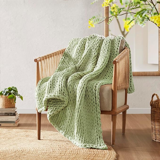 Madison Park Boho Throw Blanket, Soft Blanket Handmade Gift Home Decor, Lightweight & Breathable All Seasons Spring Chunky Knit Blanket, Knitted Throw for Couch, Bed Blanket, 50"x60"Sage Green
