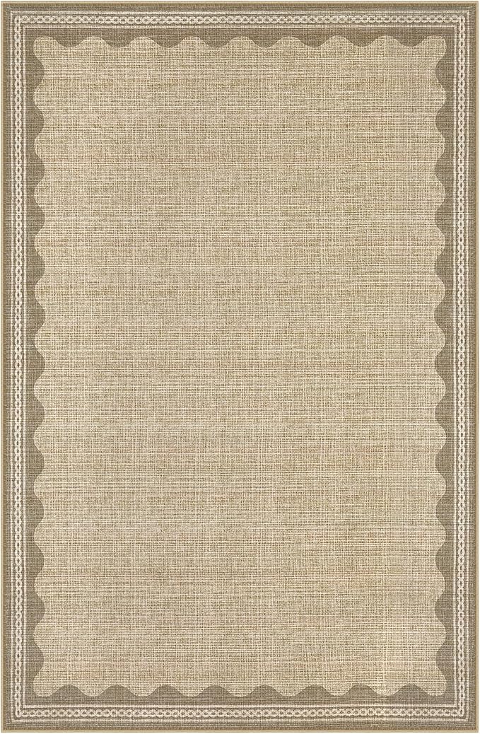 GarveeHome Washable Rugs 5x7 Rug for Living Room, Scalloped 5 x 7 Rug Solid Tan Jute Digital Printing Modern Low-Pile Carpet for Bedroom Dining Nursery Non Slip Mat with Rubber Back