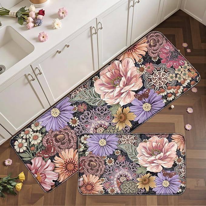 Boho Floral Kitchen Mats for Floor 2PCS Anti Fatigue Mats for Kitchen Floor Cushioned Non Slip Waterproof Memory Foam PVC Kitchen Rugs Set for Sink,Office,Laundry 17.3"x28"+17.3"x47"