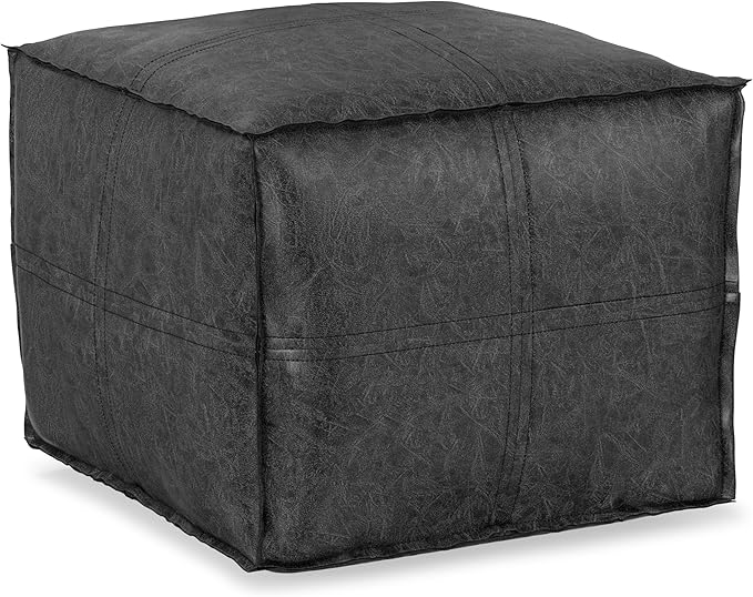 SIMPLIHOME Brody Square Pouf - 18 inch Wide Upholstered Vegan Leather Ottoman in Distressed Black, Boho Footstool, Coffee Table or Extra Seating for Living Room or Bedroom, Assembled
