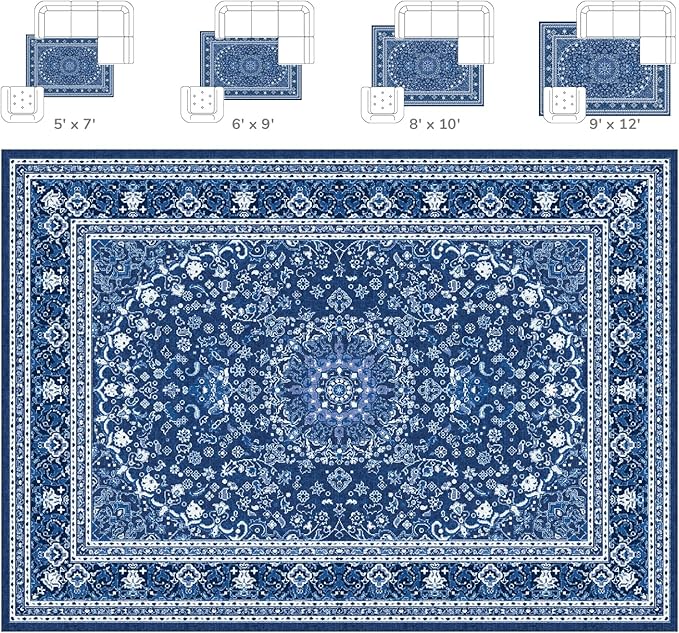 Lessymo 3 x 5 Area Rugs for Living Room- Machine Washable Area Rugs Boho Faux Wool Low Pile Area Rug for Bedroom Floral Medallion Vintage Rugs with Non-Slip Rubber, Kid & Pet Friendly,Blue White