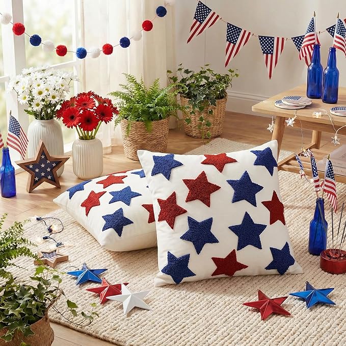 AVOIN colorlife 4th of July Patriotic Red Blue Stars Embroidered Throw Pillow Covers, 18 x 18 Inch Independence Day Decor Tufted Patterned Linen Cushion Case for Sofa Couch Set of 2