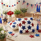 AVOIN colorlife 4th of July Patriotic Red Blue Stars Embroidered Throw Pillow Covers, 18 x 18 Inch Independence Day Decor Tufted Patterned Linen Cushion Case for Sofa Couch Set of 2