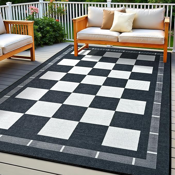 Vasofe Checkered Jute 5x7 Area Rugs, Washable Outdoor Patio Rug for Living Room Indoor Carpet, Non-Slip Farmhouse Geometric Non Slip Carpet for Backyard Dining Room Bedroom, Black and White