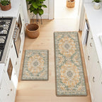 Boho Kitchen Mats for Floor 2 Piece Set Anti Fatigue Cushioned PVC Kitchen Rugs Non Slip Waterproof Farmhouse Mats 2/5 Inch Comfort Standing Mat for Sink, Laundry, 17.3"x47"+17.3"x28", Green Orange