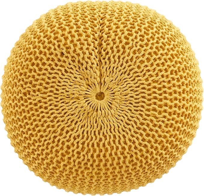 Round Pouf Ottoman, 18" Bordeaux Knitted Cotton Woven Round Pouf, Handmade Woven Bean Bag for Living Room, Floor Bag for Bedrooms, Home, Offices, Sofa Footrest (Yellow)