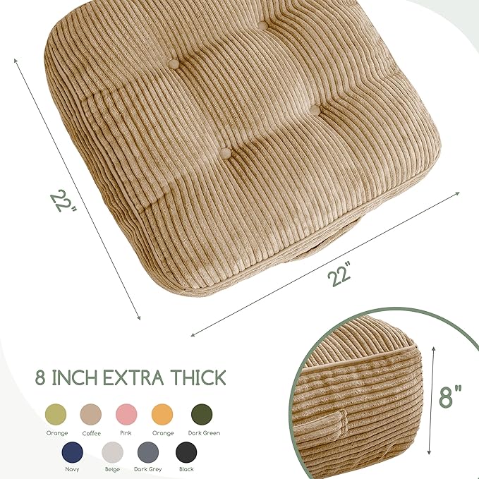 HIGOGOGO 8" Extra Thick Floor Pillow Cushion for Adults, Meditation Cushion Pillow, Large Square Floor Sitting, Tufted Corduroy Cover, for Tatami Living Room or Yoga, 22x22 Inch, Coffee
