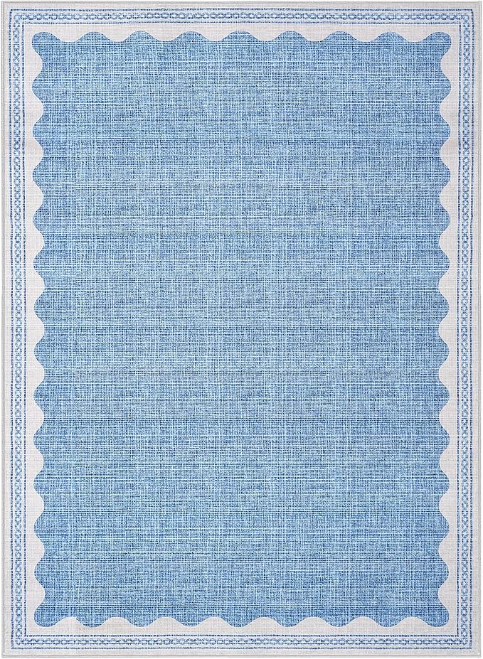 GarveeHome 5x7 Rug for Living Room, Scalloped 5 X 7 Area Rugs Washable Non-Slip Solid Blue Modern Minimalism Low-Pile Carpet for Bedroom Dining Nursery Mat with Rubber Back