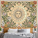 Accnicc Boho Sun and Moon Tapestry Vintage Floral Wall Tapestry for Bedroom Aesthetic Beige Celestial Plant Flower Butterfly Small Tapestries Wall Hanging for Living Room Dorm 48 x 36 Inch