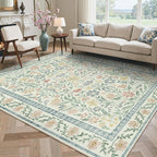 GENIMO 8x10 Washable Area Rug, Non-Slip Vintage Boho Floral Carpet, Soft Low-Pile Thin Living Room Rug for Bedroom, Dining Room, Nursery, Green