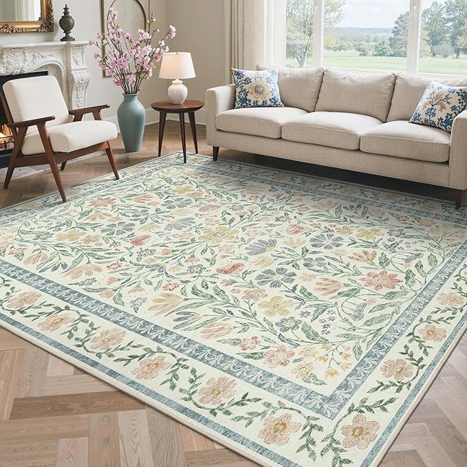 GENIMO 8x10 Washable Area Rug, Non-Slip Vintage Boho Floral Carpet, Soft Low-Pile Thin Living Room Rug for Bedroom, Dining Room, Nursery, Green