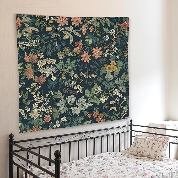 WNAGT Dark Green Floral Botanical Tapestry Wall Hanging, Cottage Core Decor, Nature Rustic Cottagecore Flower Plants Wall Blanket Decor for Home Bedroom Living Room Office, 50x60 Inch