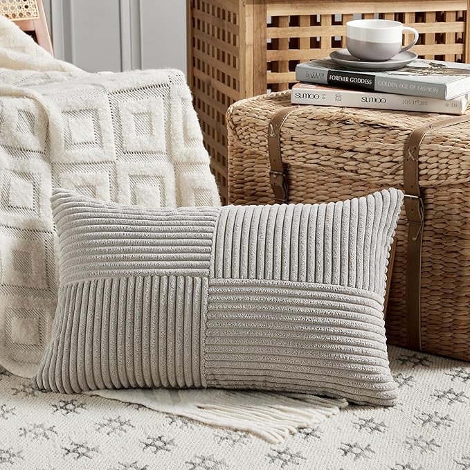 Fancy Homi 2 Packs Neutral Grey Lumbar Decorative Throw Pillow Covers 20x28 Inch for Living Room Couch Bed Sofa, Farmhouse Home Decor, Soft Striped Corduroy Rectangle Accent Cushion Case 50x70 cm