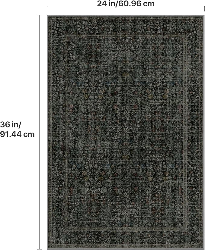 GENIMO 2x3 Indoor Doormat, Washable Non-Slip Vintage Floral Low Pile Door Mat for Entryway Front Door Kitchen Bathroom, Stain Resistant Small Throw Rug Runner (Charcoal Green)