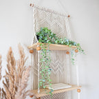 SnugLife Macrame Wall Hanging Shelf - 3 Tier Wall Plant Hanger Shelves with Handmade Woven Rope - Boho Shelves Organizer for Kitchen, Bathroom, Home Storage, Floating Plant Shelf (Pine Wood)