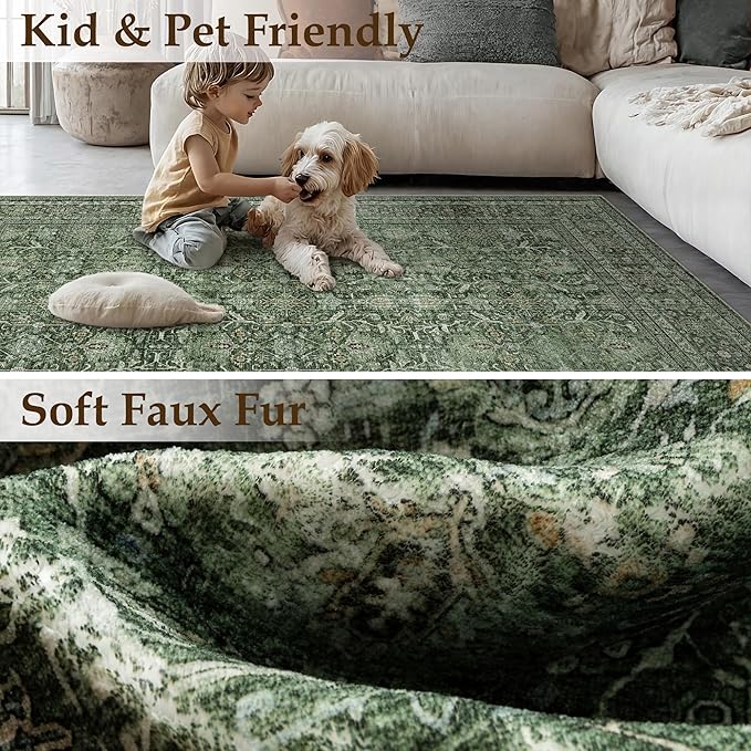 Green Runner Rug 2x8 Hallway Washable Carpet Soft Vintage Indoor Kitchen Non Slip Bedroom Traditional Retro Distressed Throw Long Rug Bathroom Laundry Entryway Office Dining Room