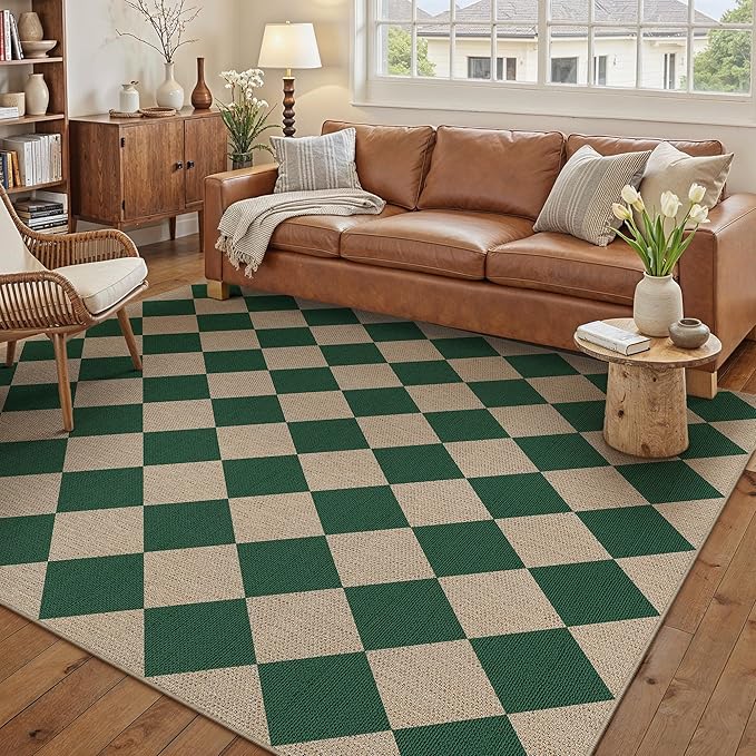 5x7 Checkered Easy Jute Area Rug for Living Room Checkerboard Washable Indoor Outdoor Carpet Farmhouse Patio Office Mat Geometric Non Slip Green Carpet for Backyard Dining Room