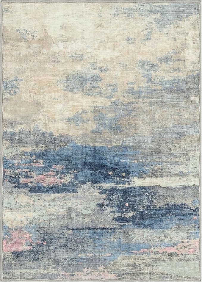 GENIMO 5X7 Washable Modern Area Rugs for Living Room, Non-Slip Low Pile Chenille Print Rug, Soft Rugs for Bedroom Dining Room Home Office, Dusk Tide