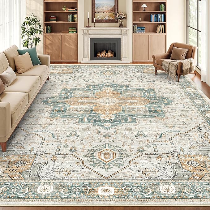 8x10 Area Rugs for Living Room, Vintage Washable Rug with Non-Slip Backing, Stain Resistant Large Area Rug for Dining Room, Soft Rugs for Bedroom (Green/Light Grey, 8'x10')
