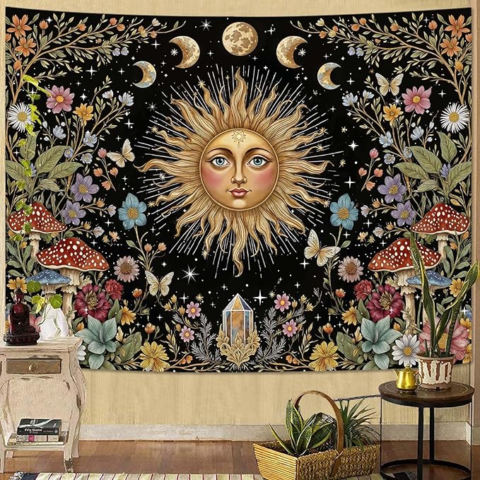 Aipon Boho Sun and Moon Tapestry Hippie Mushroom Floral Wall Tapestry for Bedroom Aesthetic Moon Phase Vintage Plant Celestial Large Tapestries Wall Hanging for Living Room Dorm 80 x 60 Inch