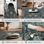 Dark Blue and Green Washable 8x10 Area Rugs for Living Room - Soft Non Slip Botanical Rug for Dining Room Under Table, Bedroom Under Bed, Vintage Large Carpet Decor Stain Resistant