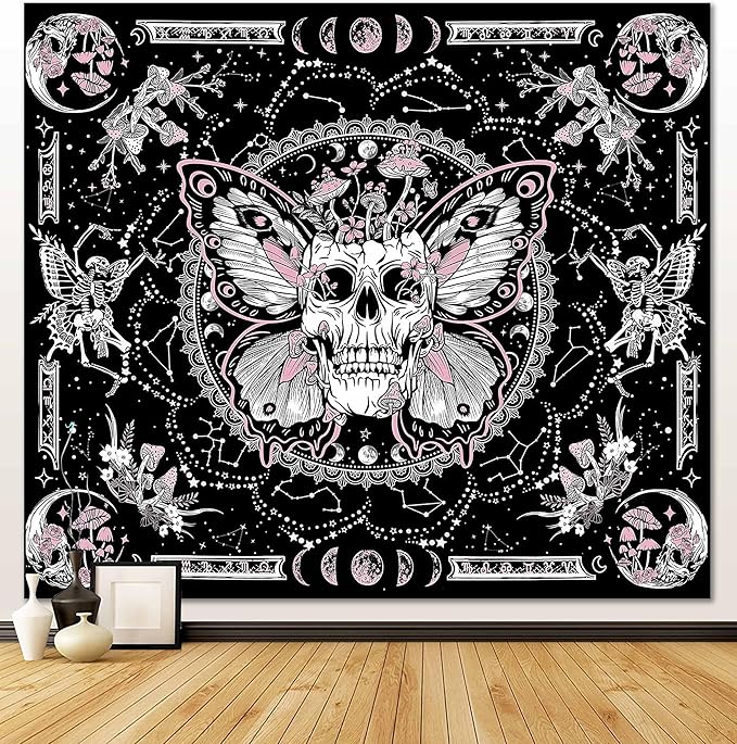 OIOVOIO Skeleton Butterfly Tapestry Skull Mushroom Wall Tapestries Hippie Nature Plants Floral Flower Aesthetic Tapestry Moon Phase Tapestries Wall Hanging for Living Room Dorm (Pink, 59” x 51”)