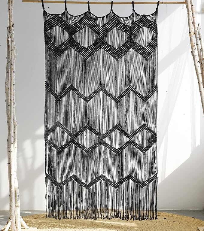 Flber Macrame Curtain Black Boho Window Macrame Doorway Curtain Macrame Wall Decor Bedroom Headboard Decor,42" Wx76 H