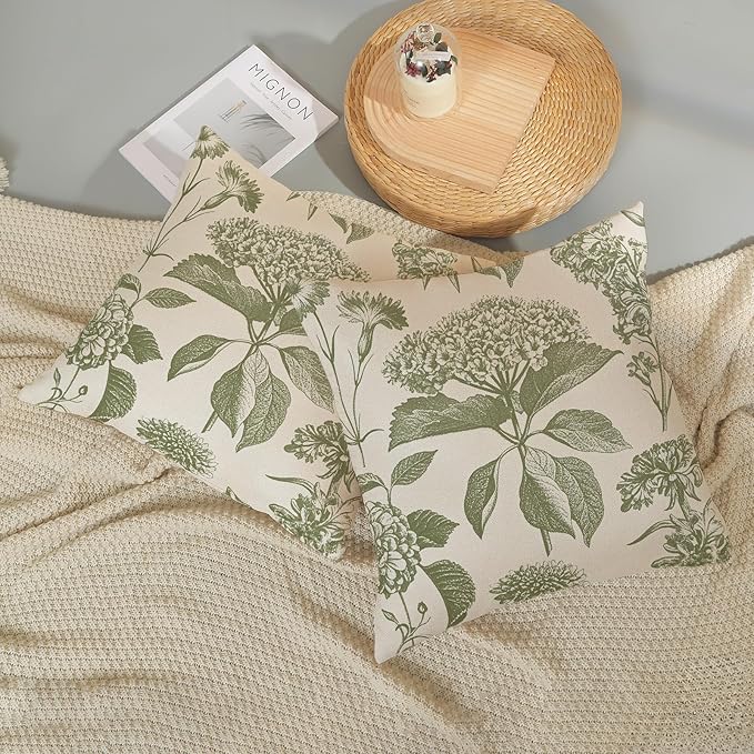 Sage Green Pillow Covers 18x18 Set of 2 Boho Floral Hydrangea Herbs Botanical Throw Pillow Cover Outdoor Decoration Pillow Cases Vintage Flower Linen Cushion Case Decorative for Couch Sofa