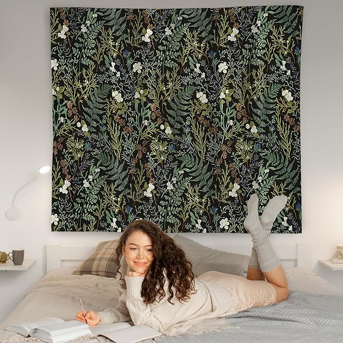 WNAGT Dark Vintage Floral Botanical Tapestry Wall Hanging, Cottage Core Decor, Green Fern Leaf Plant Flower Wall Blanket Decor for Home Bedroom Living Room, 50x60 Inch