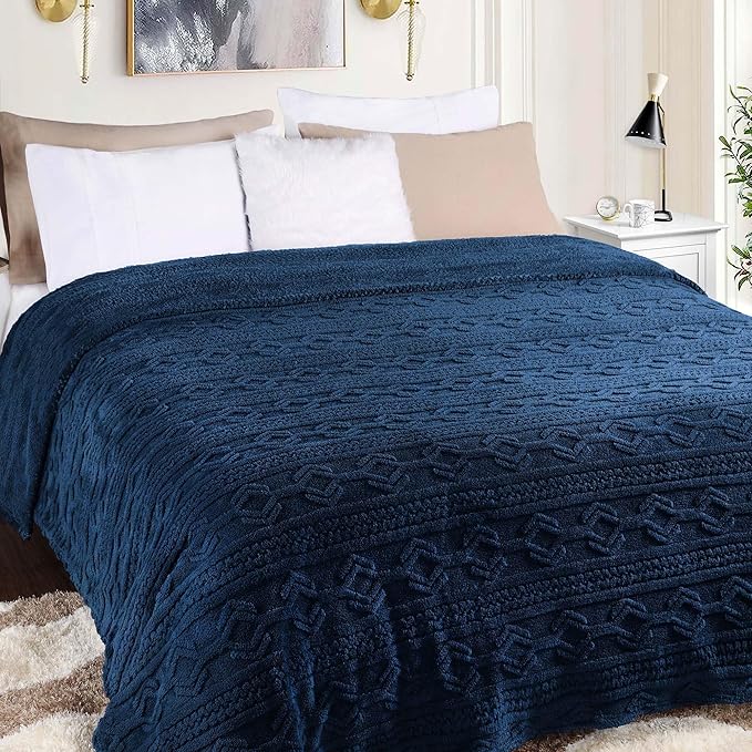 Superior Fleece Boho Jacquard Blanket, Decorative Blankets for Bedroom, Sofa, Fuzzy, Plush, Fluffy, Soft, Cute Room Decor, Beautiful Cover, Comfort Essentials, Arctic Collection, Throw, Navy Blue
